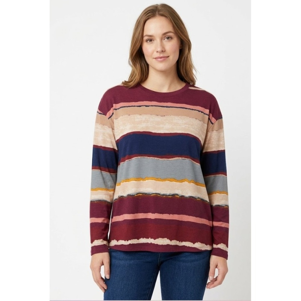 New True Self Long Sleeve Top‎ Large Multi Color Striped Crewneck Soft Stretch